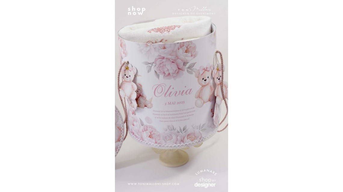 Trusou botez cu ursuleti si flori roz Teddy Bear Baby Girl 4